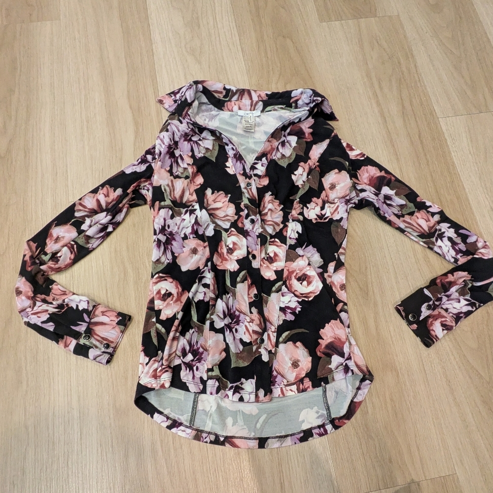 Vintage Cache Floral Black Pearl Snap Button Up